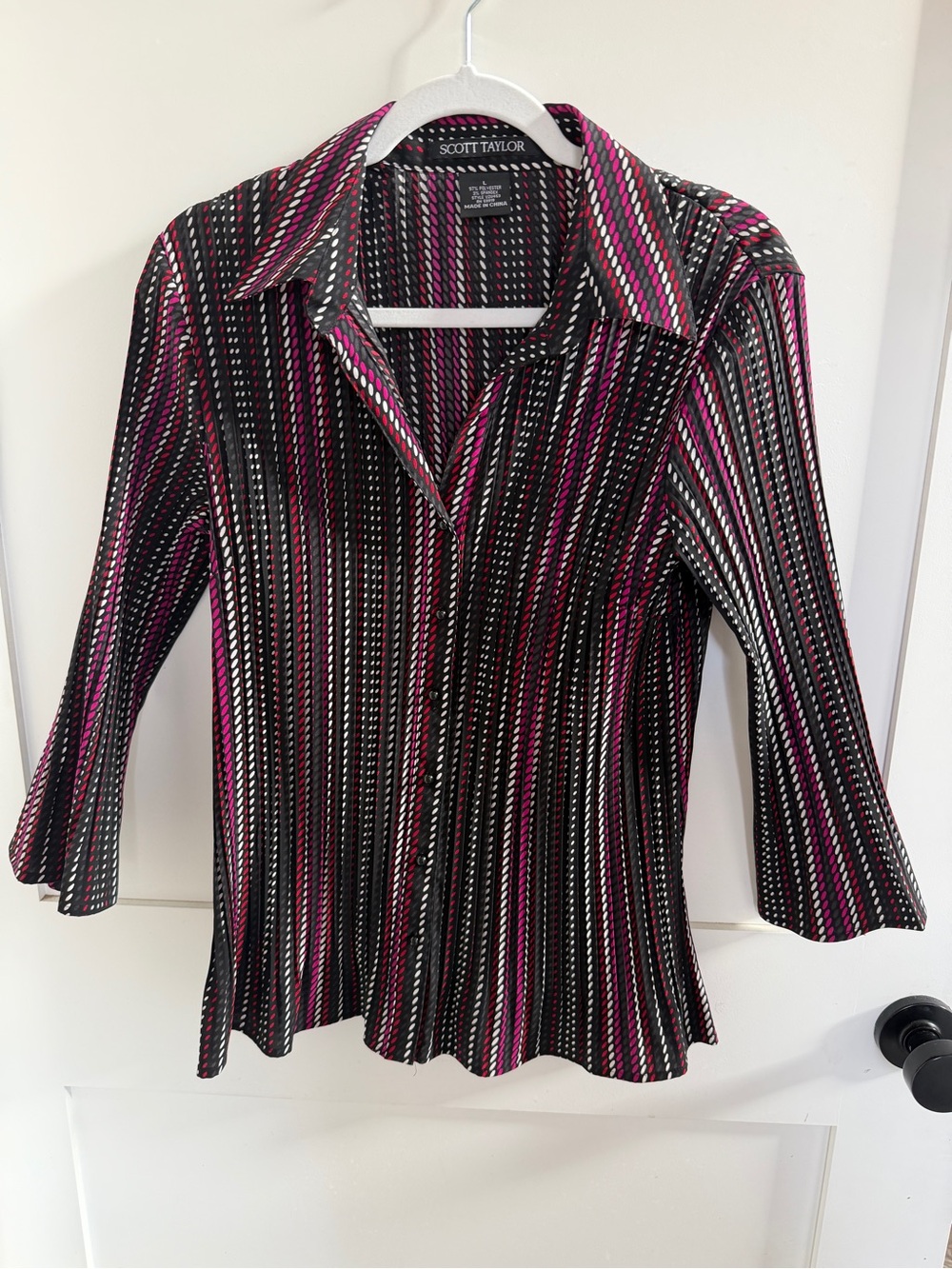 Flattering! Women’s Pink and Black Striped Button-Front Top by Scott Taylor L